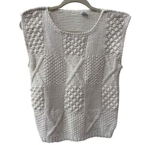 VTG Sweater Vest Womens Size M Ivory Cable Popcorn Knit Ramie Blend Sleeveless